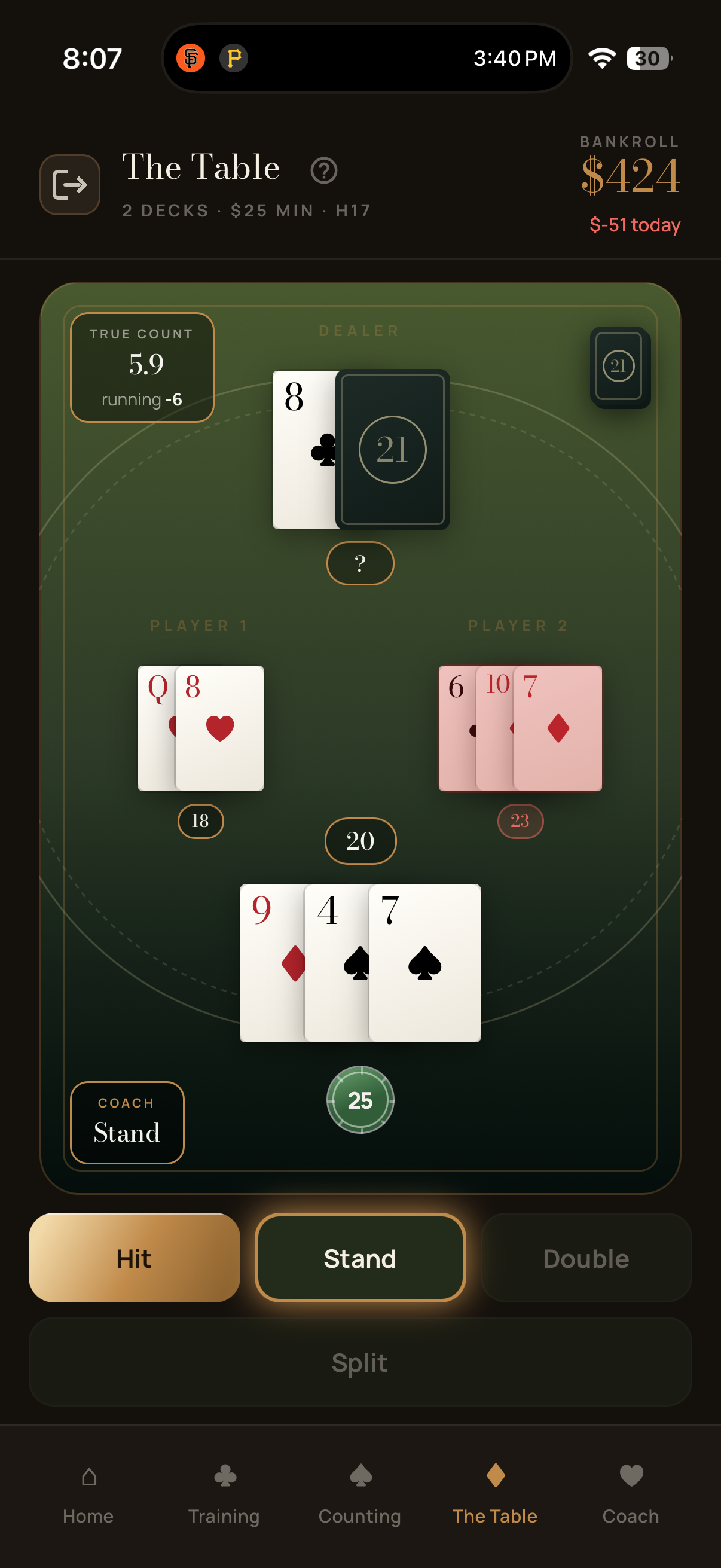 Play-money blackjack table with chips and betting
